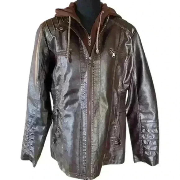 Faux Leather Jacket with Removeable Zip In Cotton Hood, Brown Size XL - Picture 1 of 7